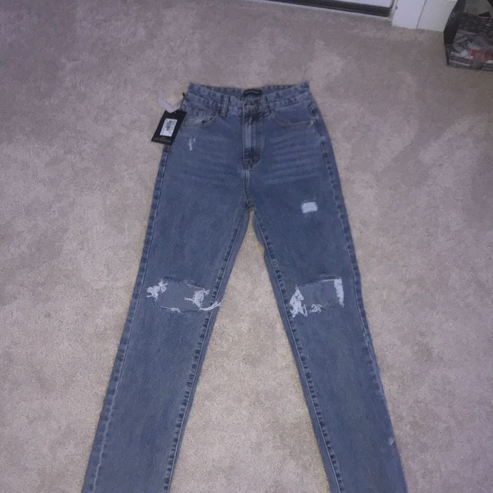Vintage wash high rise distressed straight jeans